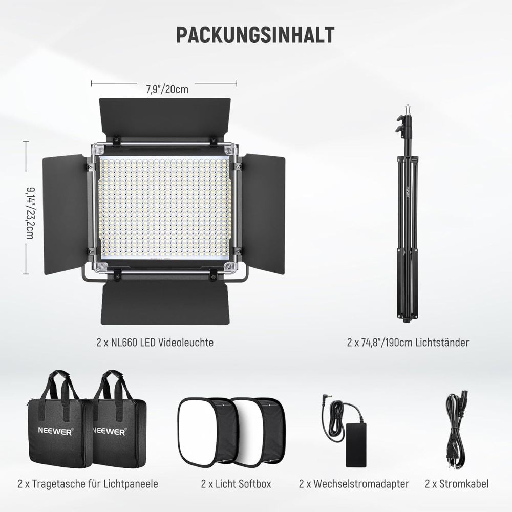 Neewer 660, Panou de lumina LED, set de studio cu 2 trepiede / softbox pliabil, doua culori CRI9+, Geanta de transport, Pentru filmari si fotografie [8]