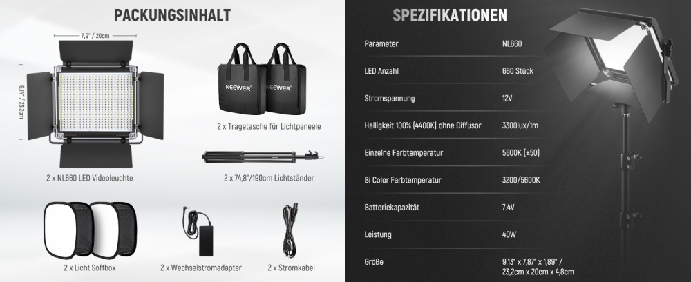 Neewer 660, panou de lumina LED, set studio cu 1 trepied, doua culori, CRI 97+, geanta transport si acumulator DC [4]