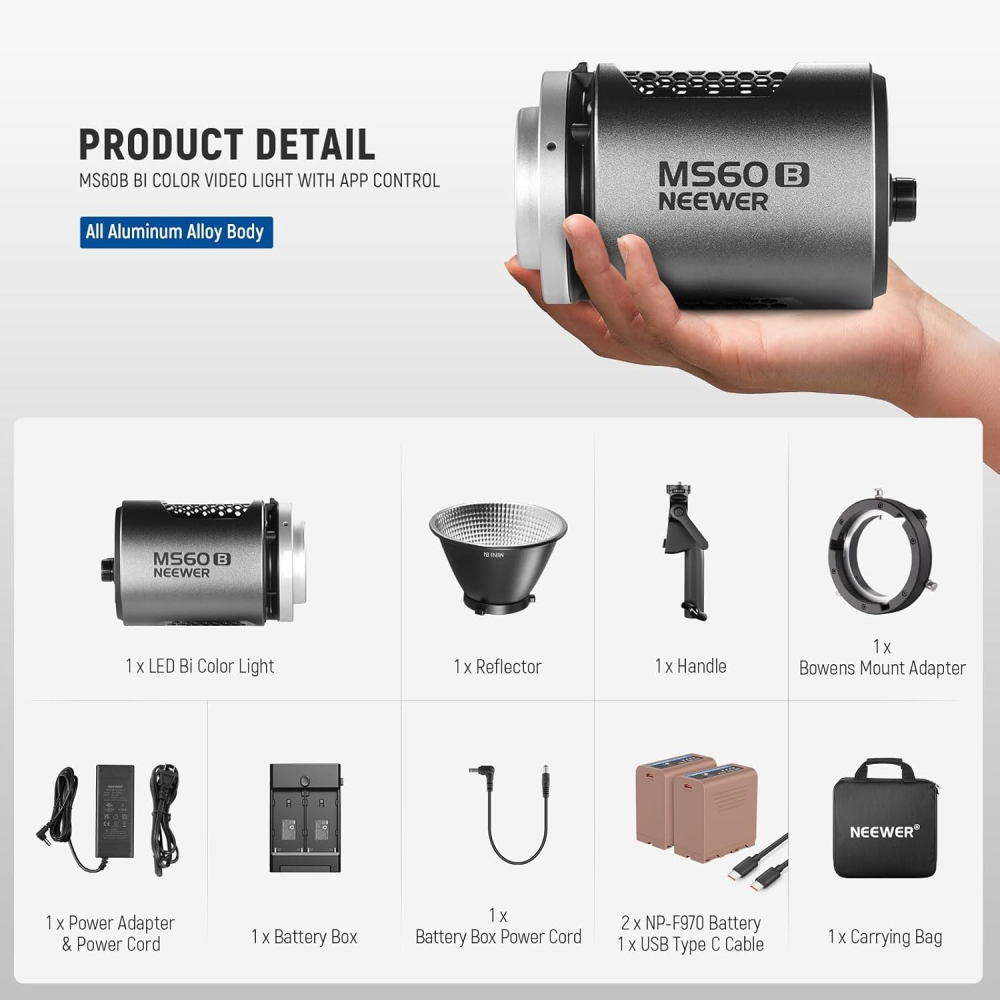 Neewer MS60B 65w Lampa LED, Baterie 2x 7800mAh NP-F970 cu fast charging, control prin aplicatie, temperatura 2700k-6500k, intensitate lumina 4000lux, CRI97+/TLCI98+ si 12 scene [2]