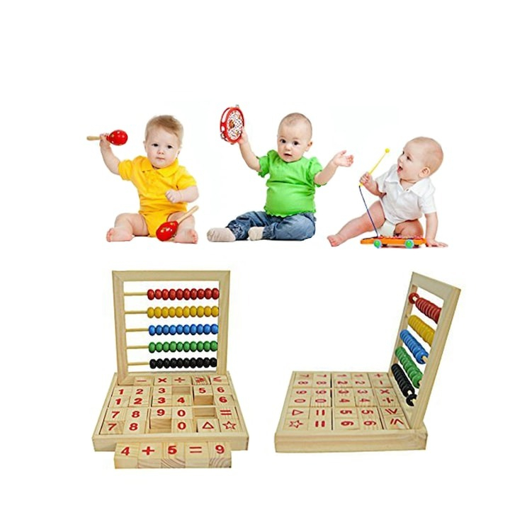 Numaratoare din lemn si 30 piese aritmetice, cifre, adunare, scadere, multicolor [2]