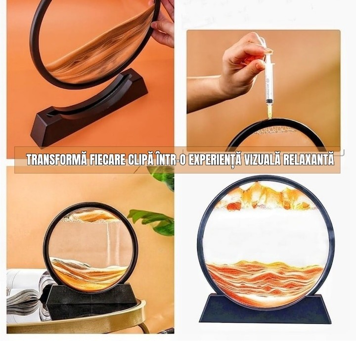 Obiect decorativ cu efect 3D din nisip, rotativ 360°, sticla si baza stabila, 18 x 19 cm, ideal pentru birou, living si spatii de relaxare, auriu [2]