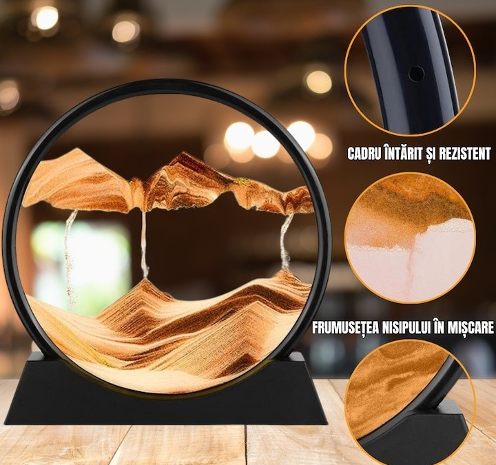 Obiect decorativ cu efect 3D din nisip, rotativ 360°, sticla si baza stabila, 18 x 19 cm, ideal pentru birou, living si spatii de relaxare, auriu [4]