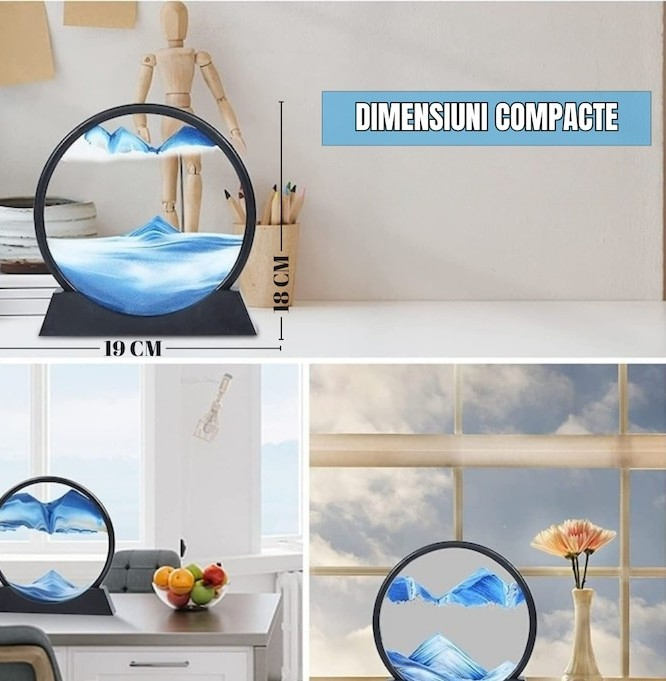 Obiect decorativ cu efect 3D din nisip, rotativ 360°, sticla si baza stabila, 18 x 19 cm, nisip albastru, pentru birou, living si decor modern [2]