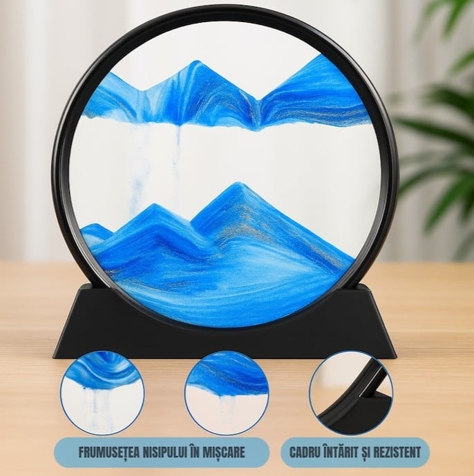 Obiect decorativ cu efect 3D din nisip, rotativ 360°, sticla si baza stabila, 18 x 19 cm, nisip albastru, pentru birou, living si decor modern [5]