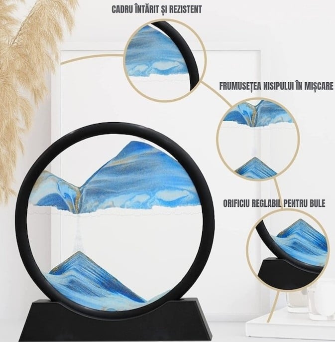 Obiect decorativ cu efect 3D din nisip, rotativ 360°, sticla si baza stabila, 18 x 19 cm, nisip albastru, pentru birou, living si decor modern [3]
