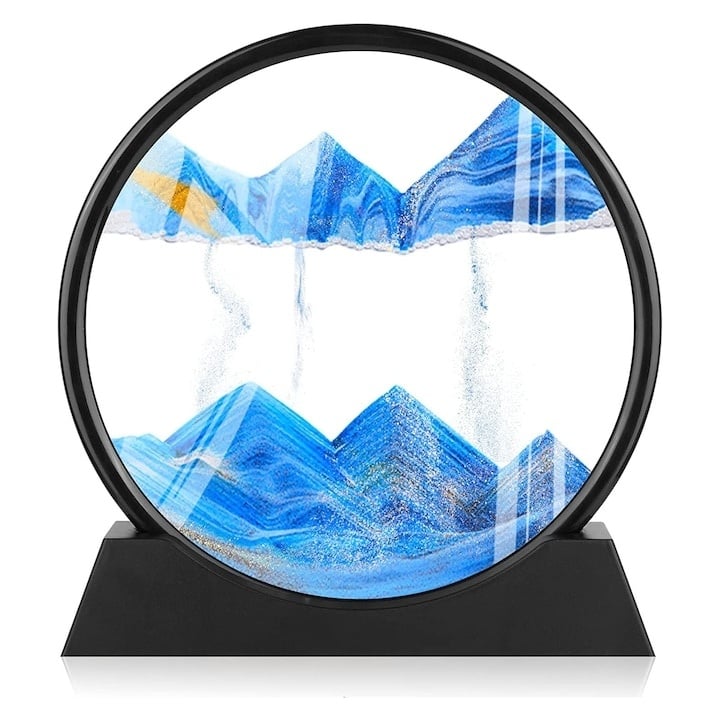 Obiect decorativ cu efect 3D din nisip, rotativ 360°, sticla si baza stabila, 18 x 19 cm, nisip albastru, pentru birou, living si decor modern [1]