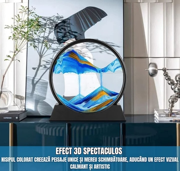 Obiect decorativ cu efect 3D din nisip, rotativ 360°, sticla si baza stabila, 18 x 19 cm, nisip albastru, pentru birou, living si decor modern [6]