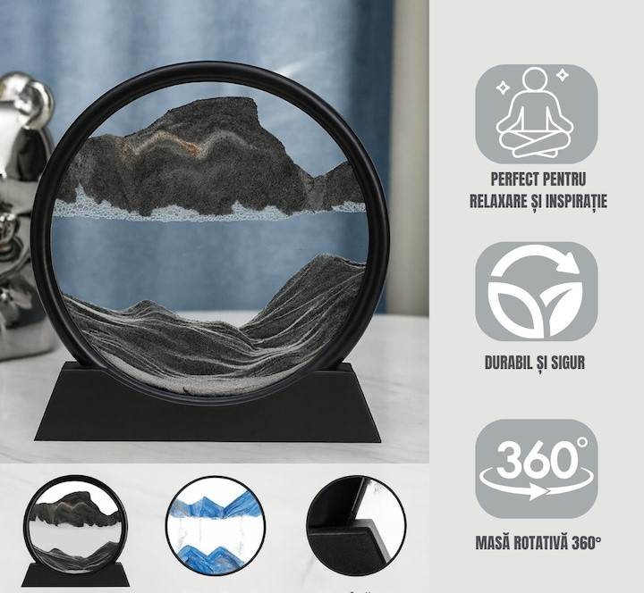 Obiect decorativ cu efect 3D din nisip, rotativ 360°, sticla si baza stabila, 18 x 19 cm, pentru birou, living si decor modern, negru [4]