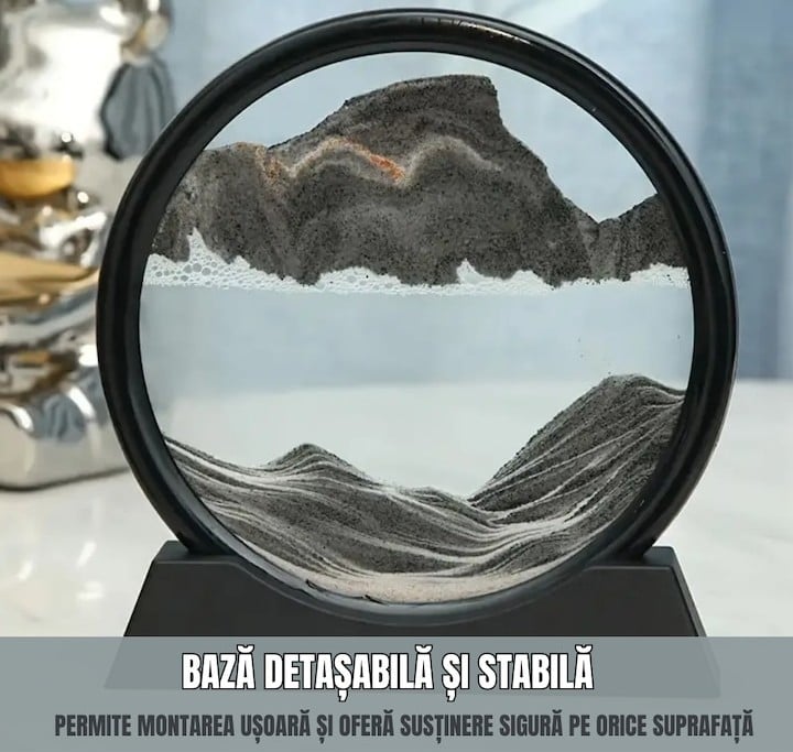 Obiect decorativ cu efect 3D din nisip, rotativ 360°, sticla si baza stabila, 18 x 19 cm, pentru birou, living si decor modern, negru [3]