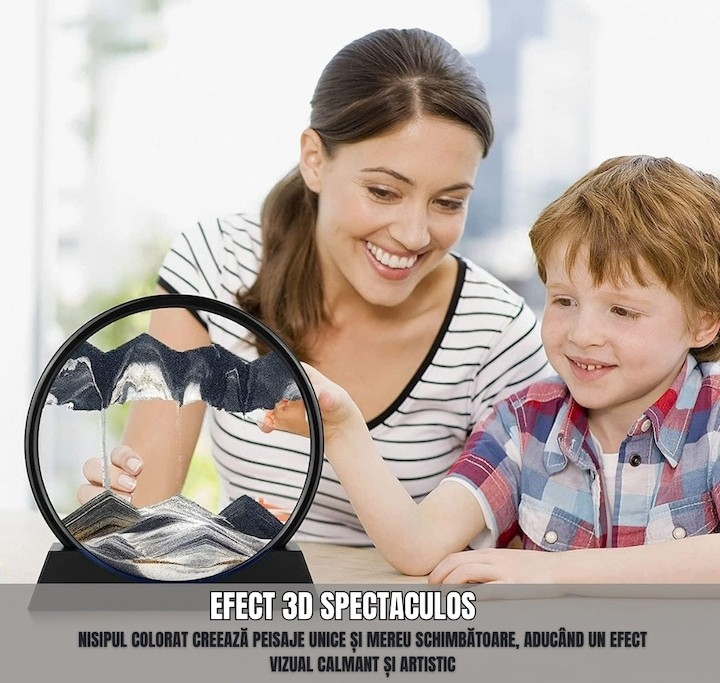 Obiect decorativ cu efect 3D din nisip, rotativ 360°, sticla si baza stabila, 18 x 19 cm, pentru birou, living si decor modern, negru [2]