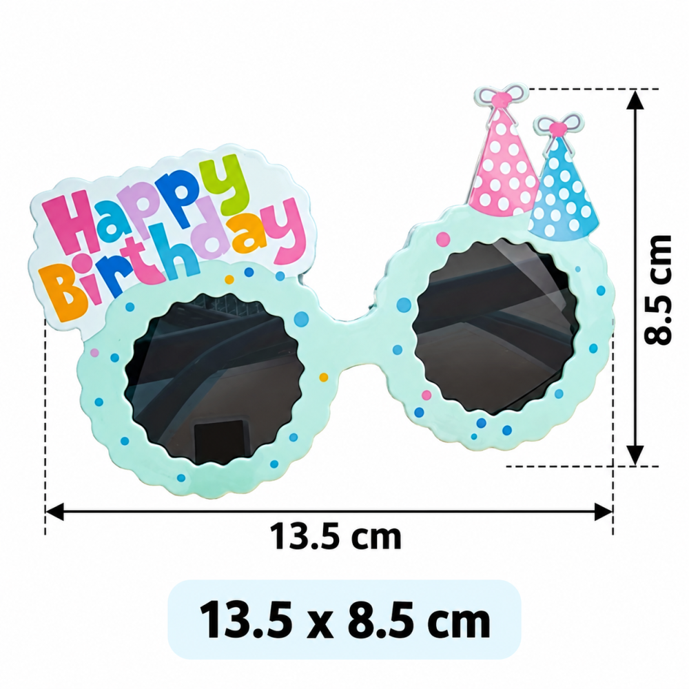 Ochelari aniversari albastri 13.5 x 8.5 cm, model Happy Birthday cu palarii festive [2]