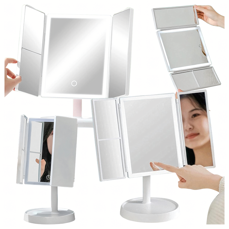 Oglinda cosmetica alba 35 x 22 cm pliabila cu iluminare LED, marire 2x si 3x [10]