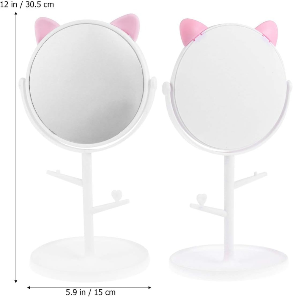 Oglinda cosmetica cu picior, alb roz, rotire 360°, suport bijuterii, model urechi, 15 cm diametru, 31 x 14.5 x 15 cm, plastic [7]