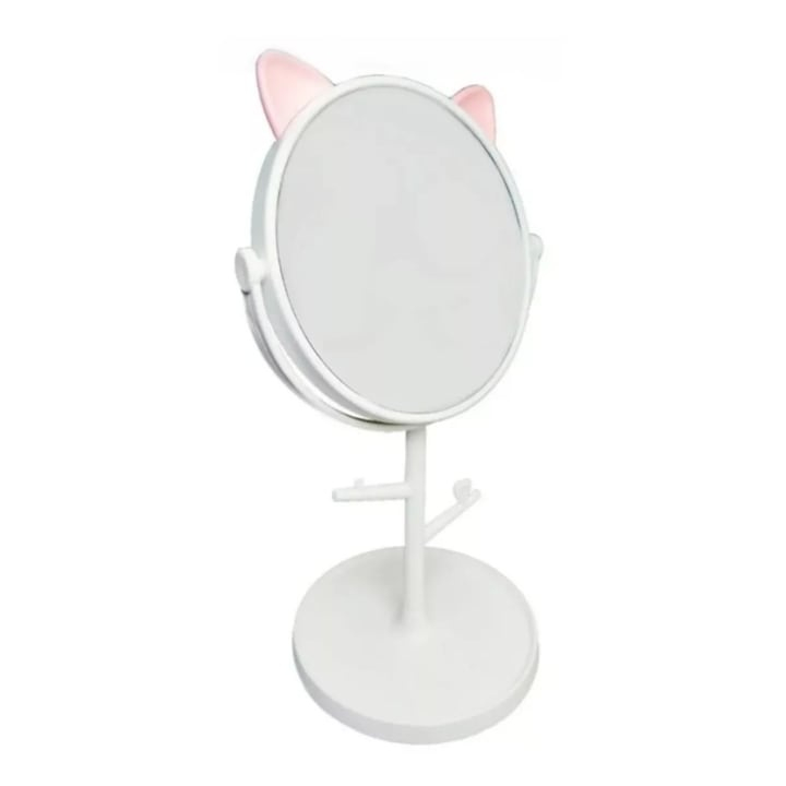 Oglinda cosmetica cu picior, alb roz, rotire 360°, suport bijuterii, model urechi, 15 cm diametru, 31 x 14.5 x 15 cm, plastic [5]