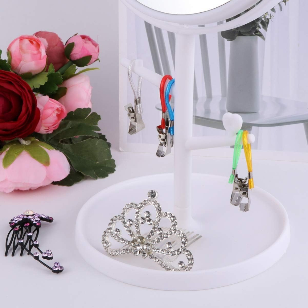 Oglinda cosmetica cu picior, alb roz, rotire 360°, suport bijuterii, model urechi, 15 cm diametru, 31 x 14.5 x 15 cm, plastic [8]