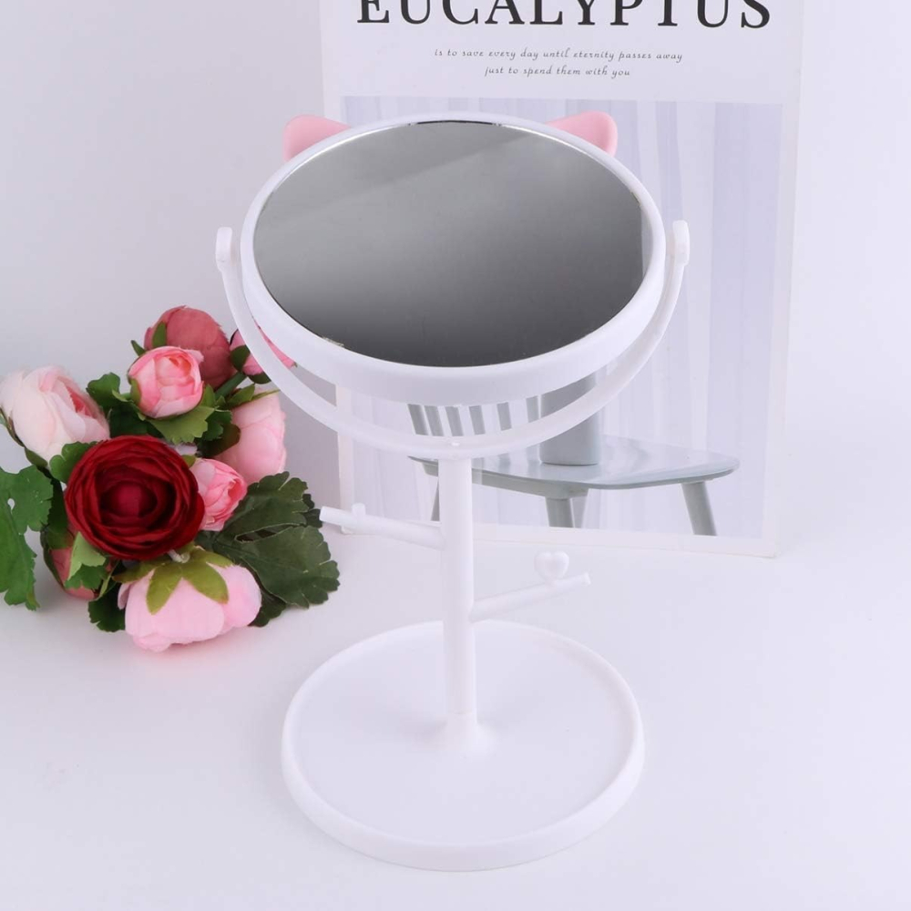 Oglinda cosmetica cu picior, alb roz, rotire 360°, suport bijuterii, model urechi, 15 cm diametru, 31 x 14.5 x 15 cm, plastic [6]