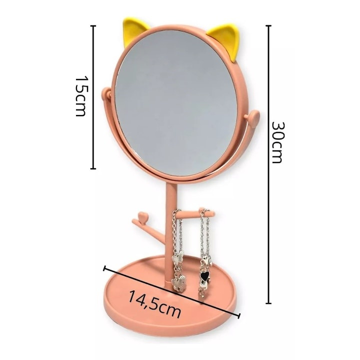 Oglinda cosmetica cu picior, rotire 360°, baza cu suport bijuterii, model urechi, 15 cm diametru, 31 x 14.5 x 15 cm, roz galben [3]