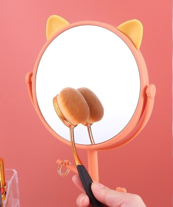 Oglinda cosmetica cu picior, portocaliu roz, rotire 360°, suport bijuterii, model urechi, 15 cm diametru, 31 x 14.5 x 15 cm, plastic [4]