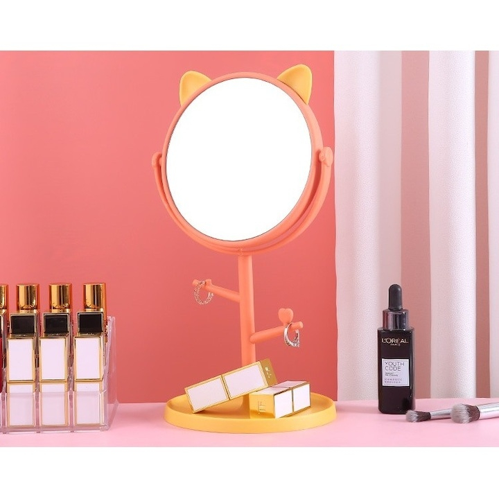 Oglinda cosmetica cu picior, portocaliu roz, rotire 360°, suport bijuterii, model urechi, 15 cm diametru, 31 x 14.5 x 15 cm, plastic [5]