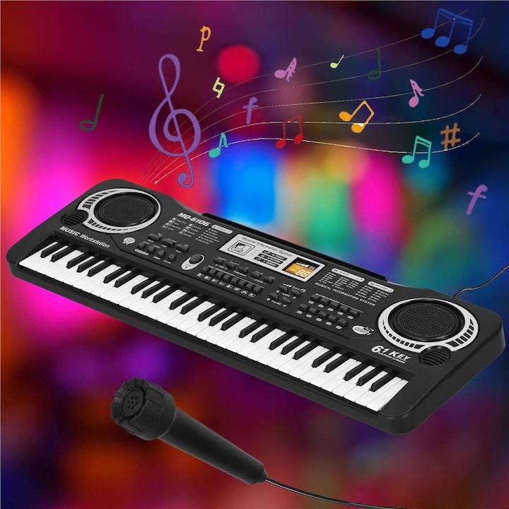 Orga electronica pentru copii, cu microfon, 61 de chei, modul de invatare, 16 tonuri, 10 ritmuri, functie de inregistrare, alimentare USB sau baterii, 54 x 17 x 5 cm, negru [13]