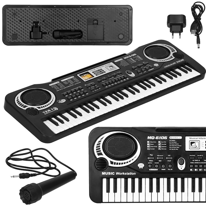 Orga electronica pentru copii, cu microfon, 61 de chei, modul de invatare, 16 tonuri, 10 ritmuri, functie de inregistrare, alimentare USB sau baterii, 54 x 17 x 5 cm, negru [4]