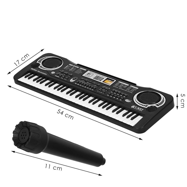 Orga electronica pentru copii, cu microfon, 61 de chei, modul de invatare, 16 tonuri, 10 ritmuri, functie de inregistrare, alimentare USB sau baterii, 54 x 17 x 5 cm, negru [15]