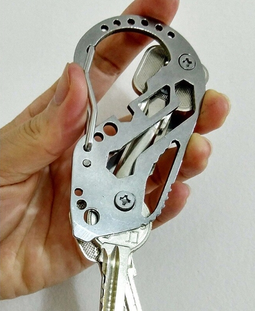 Organizator chei multifunctional din otel cu carabina si desfacator sticle, compact 9 cm, argintiu [3]