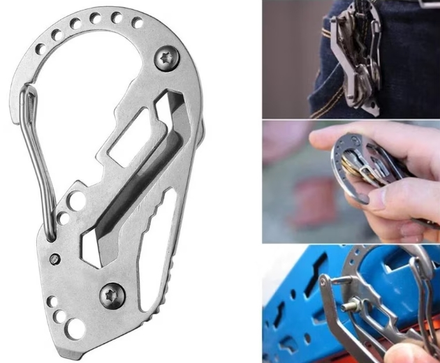 Organizator chei multifunctional din otel cu carabina si desfacator sticle, compact 9 cm, argintiu [2]