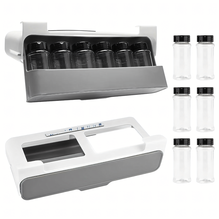 Organizator condimente alb-gri 32 cm cu 6 recipiente transparente, suport suspendat sub raft [10]