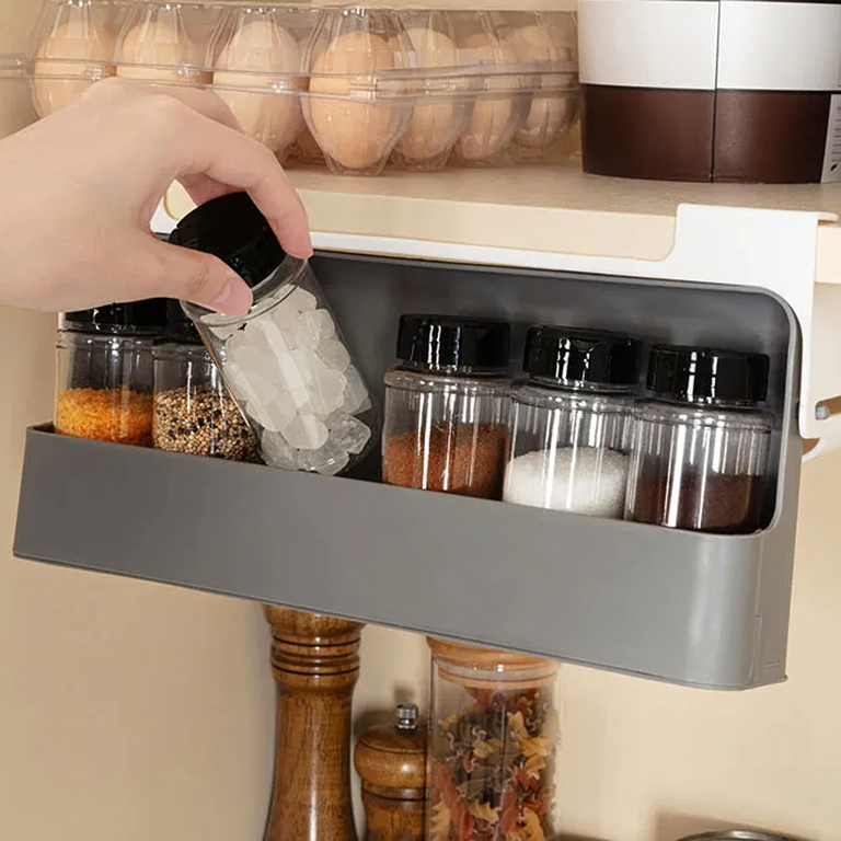 Organizator condimente alb-gri 32 cm cu 6 recipiente transparente, suport suspendat sub raft [3]