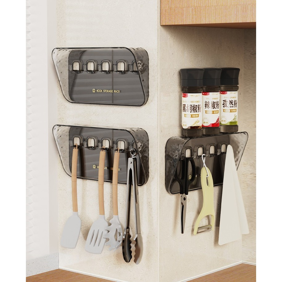 Organizator de perete cu raft si 5 carlige, 20,3 x 10,3 x 4,6 cm, montare autoadeziva, pentru chei, bijuterii si accesorii, aspect fumuriu transparent [3]