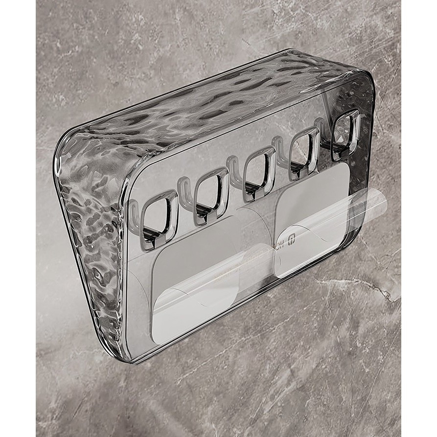 Organizator de perete cu raft si 5 carlige, 20,3 x 10,3 x 4,6 cm, montare autoadeziva, pentru chei, bijuterii si accesorii, aspect fumuriu transparent [2]