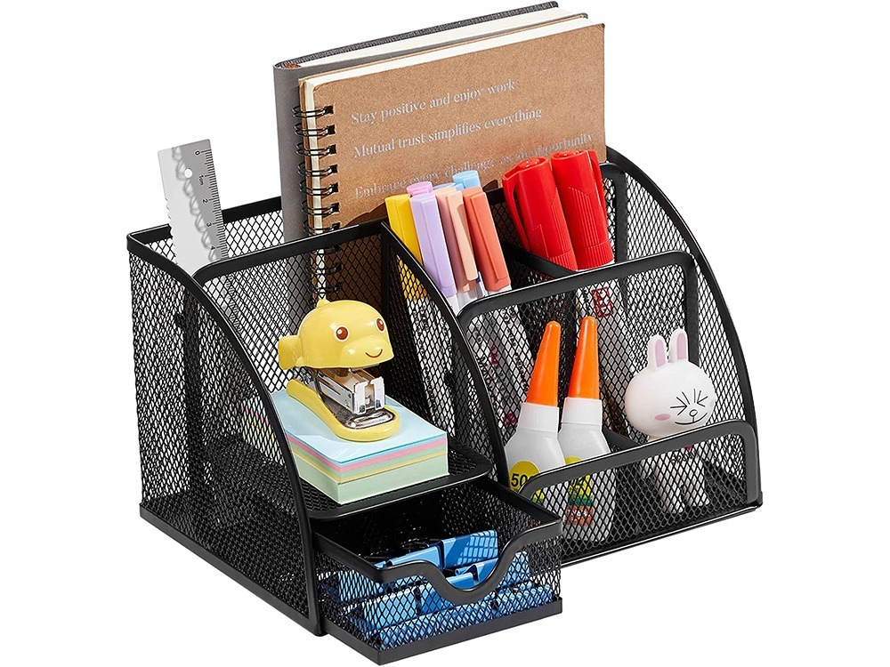 Organizator pentru birou, metalic, 7 compartimente, 22 x 14 x 12.7 cm, negru [8]