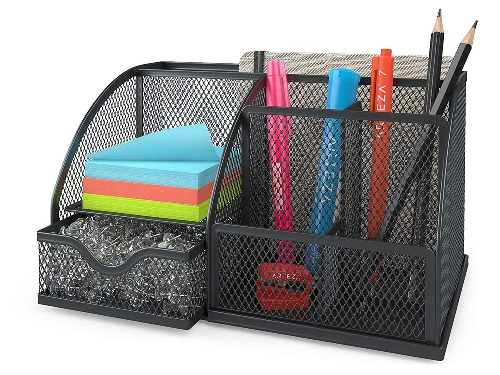 Organizator pentru birou, metalic, 7 compartimente, 22 x 14 x 12.7 cm, negru [10]