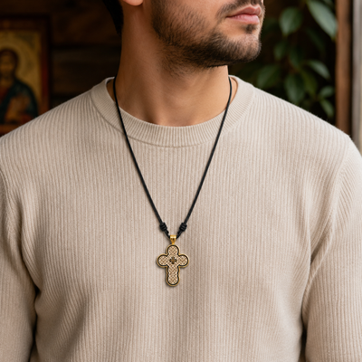 Pachet 10 coliere crestine auriu-crem 42 cm cu cruce 3,9 x 2,4 cm din lemn si metal auriu, 2 fete, IC XC, Muntele Athos, snur reglabil [7]