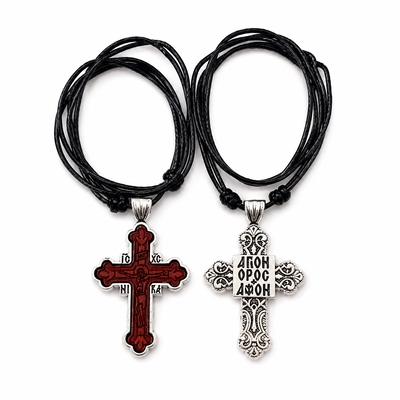 Pachet 10 coliere maro-argintii 42,5 cm x 2 cu cruce 4,3 x 2,7 cm, pandantiv 2 fete Iisus Hristos, IC XC NI KA si AGION OROS Muntele Athos [5]