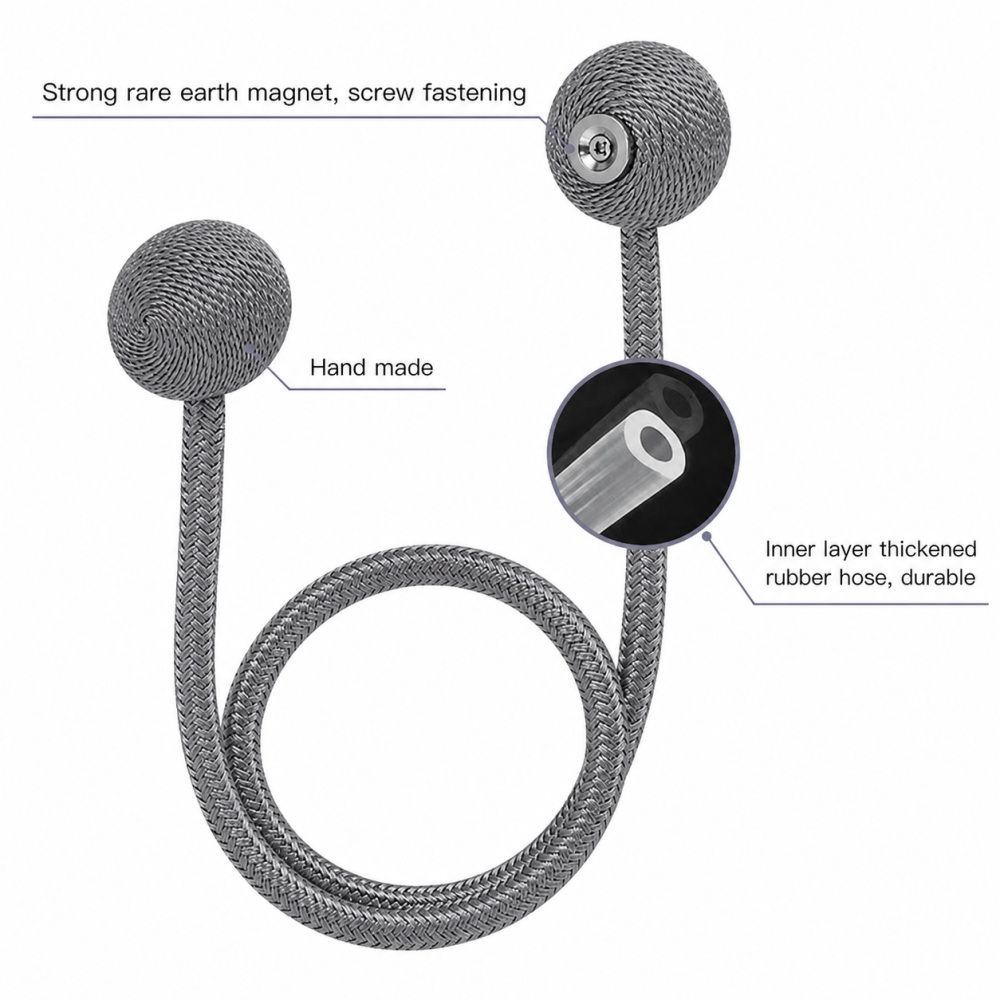 Pachet 2 accesorii magnetice pentru perdele, snur textil impletit, 44 cm, gri antracit [4]
