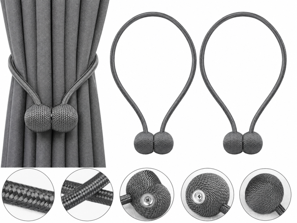 Pachet 2 accesorii magnetice pentru perdele, snur textil impletit, 44 cm, gri antracit [3]
