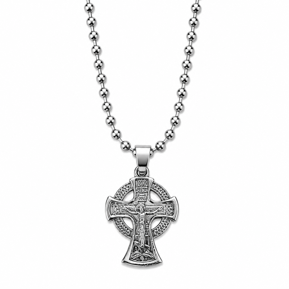 Pachet 6 coliere argintii lungime lant 61 cm ajustabil cu cruce celtica 3 x 2 cm, pandantiv 2 fete, Iisus Hristos si Sfantul Arhanghel Mihail [2]