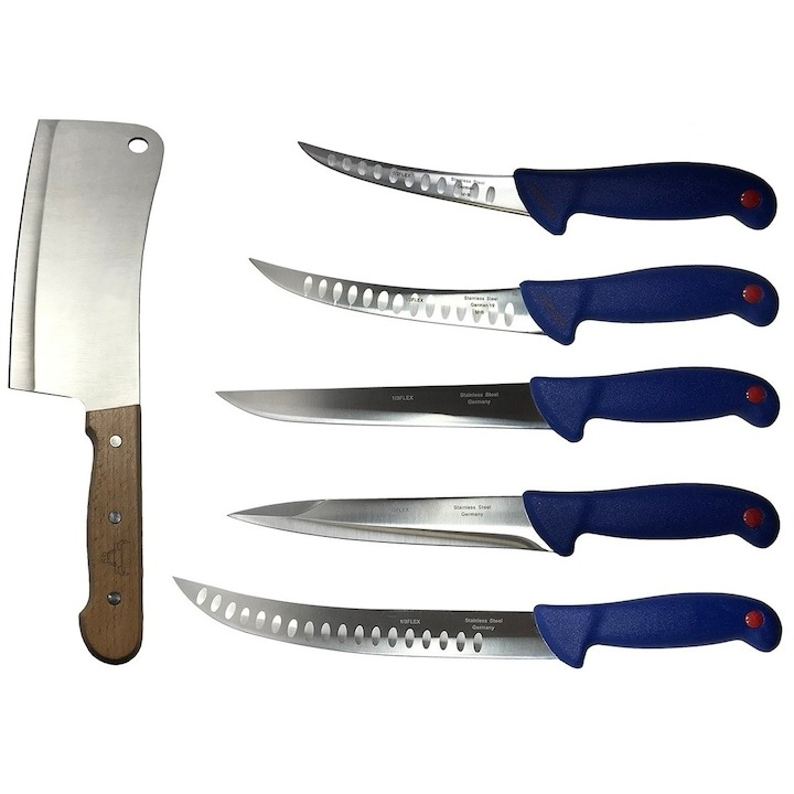 Pachet profesional pentru macelarie, dezosat, injunghiat, transat, filetat, 5 cutite, satar