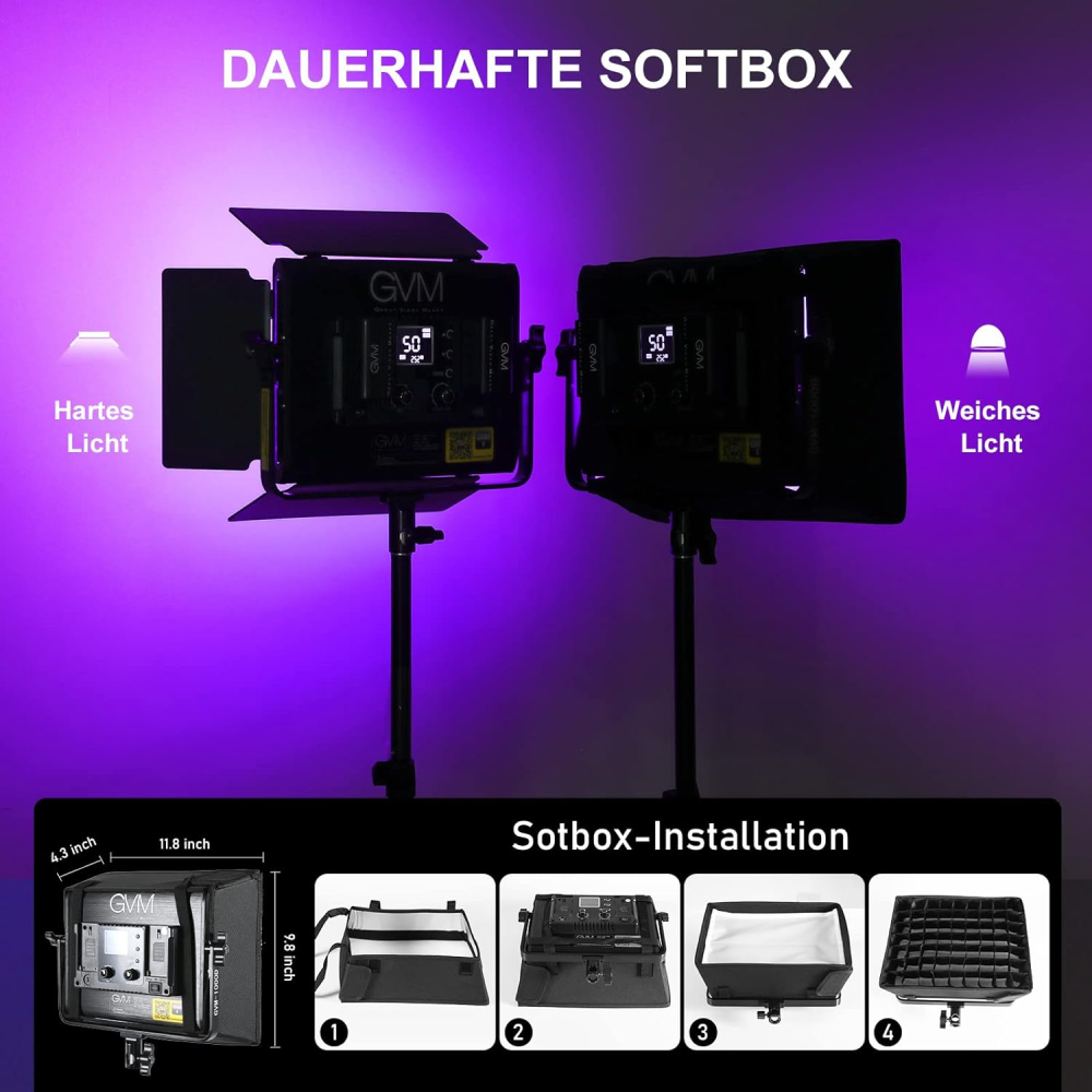 Panou video GVM RGB cu Softbox, Set 2 x LED 45W, 15000 Lux/0.5 m, CRI97+, 3200K-5600K, Control prin aplicatie, 2 stative, geanta transport [6]