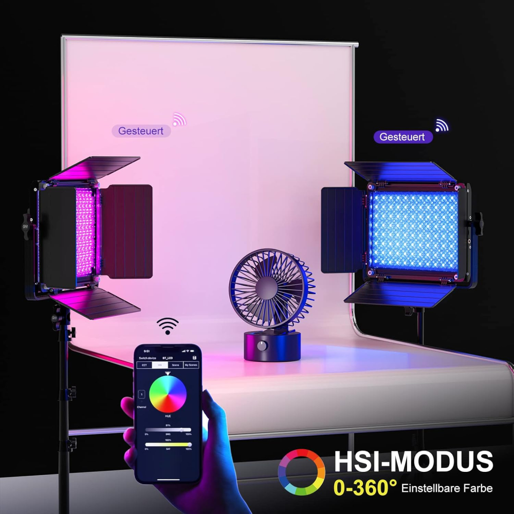 Panou video GVM RGB cu Softbox, Set 2 x LED 45W, 15000 Lux/0.5 m, CRI97+, 3200K-5600K, Control prin aplicatie, 2 stative, geanta transport [3]