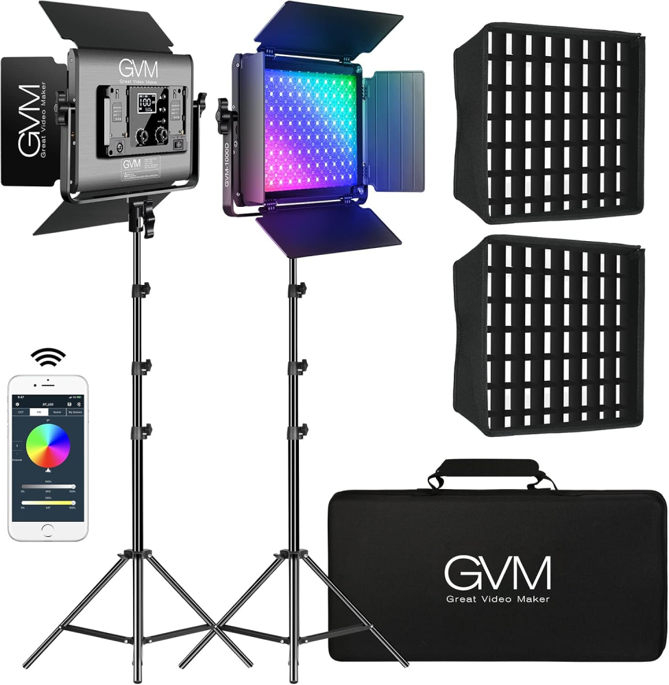 Panou video GVM RGB cu Softbox, Set 2 x LED 45W, 15000 Lux/0.5 m, CRI97+, 3200K-5600K, Control prin aplicatie, 2 stative, geanta transport [9]