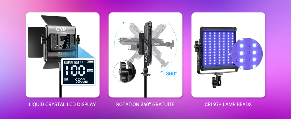 Panou video LED GVM 800D RGB cu stativ reglabil 2 m, 3200K-5600K, control prin aplicatie, CRI97+, 18 efecte speciale, lumina continua pentru fotografie si filmare [3]