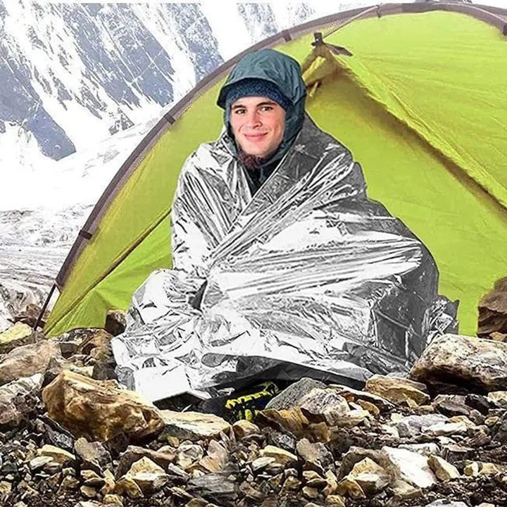 Patura izoterma Aluminiu, 160x210cm, camping, Drumetie, Folie supravietuire, Auriu [2]