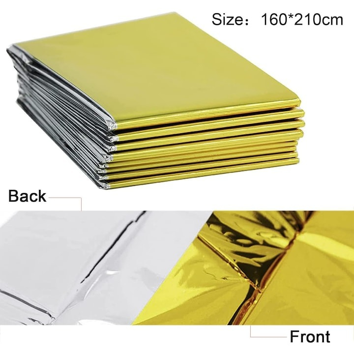 Patura izoterma Aluminiu, 160x210cm, camping, Drumetie, Folie supravietuire, Auriu [5]
