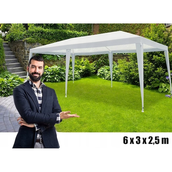 Pavilion / Foisor de gradina impermeabil 3x6x2.5 m, cadru metalic din otel, acoperis din polietilena 100 g/m², alb, rezistent la apa si UV, pentru curte, terasa si eveniment [5]