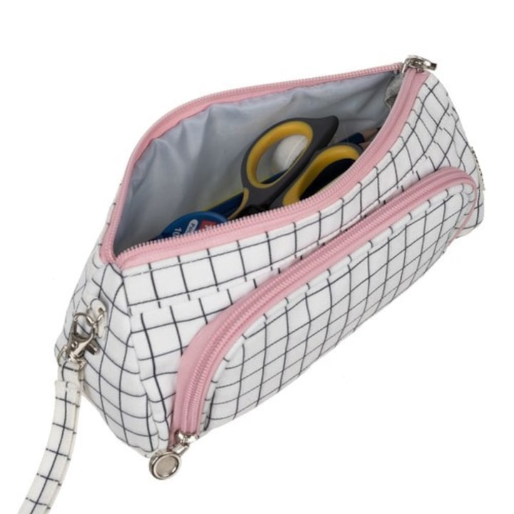 Penar neechipat elegant, 1 compartiment incapator, buzunare interioare si agatatoare laterala, 22 x 6 x 11 cm, alb cu fermoar roz – accesorul perfect pentru organizare, stil si inspiratie zilnica [8]