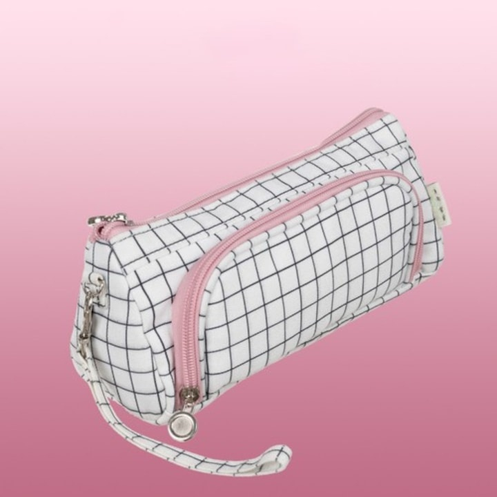 Penar neechipat elegant, 1 compartiment incapator, buzunare interioare si agatatoare laterala, 22 x 6 x 11 cm, alb cu fermoar roz – accesorul perfect pentru organizare, stil si inspiratie zilnica [2]