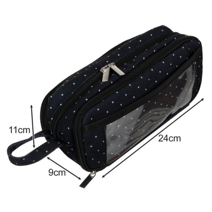 Penar pentru scoala cu 3 compartimente, designe buline , 24x9x11 cm - Negru [2]
